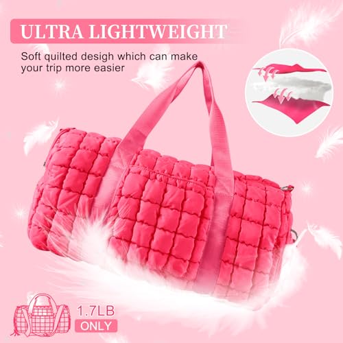 Image of Quilted Travel Duffle Bag Gym Bag for Women,Large Puffer Duffle Weekender Bag with Compartment,Workout Overnight Carry on Organizer Bag Duffle Bag for Airplane Travel(L-Rosered)