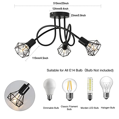 Industrial 3 Way Ceiling Light Chandelier Semi-Flush Mount E14 Base Black Metal Caged 3 Lights Ceiling Light Fixture for Bedroom Living Dining Room Hallway(Bulbs not Include) - Image 6