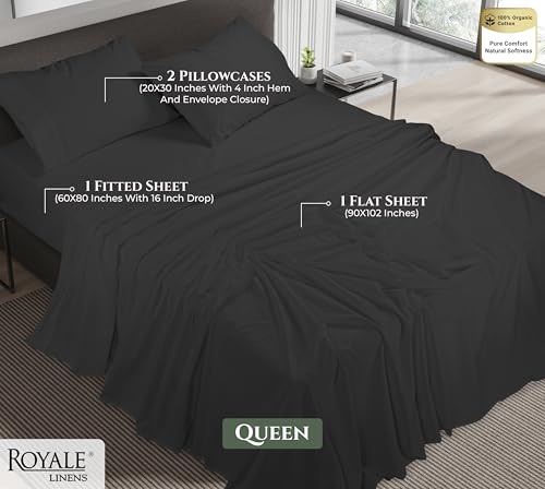 Image of Royale Linens 100% Organic Cotton Queen Sheet Set - 16 inch Deep Pocket Bed Sheets - Eco Friendly Black Bed Sheets - Sabanas Queen - 1 Flat, 1 Fitted & 2 Pillowcase - Black Sheet Set - Cotton Bedding Sets