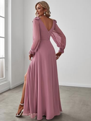 Image of Ever-Pretty Women's Fall Winter Formal Wedding Guest Dress Long Sleeve V Neck Chiffon Floor Length Bridesmaid Dresses 80116
