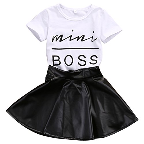 Kids Toddler Baby Girl Summer Outfits Mini Boss Short Sleeve T-Shirt Tops A-Line Leather Skirt Clothes Set (White, 3-4 Years)