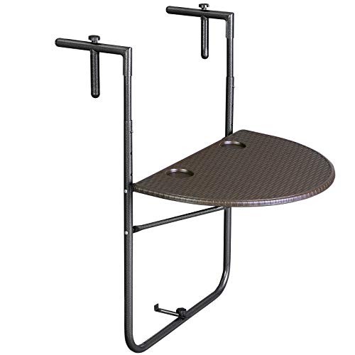 SONGMICS Hanging Balcony Table, Attachable Railing Table, Outdoor Folding Deck Table, Adjustable Heights, for Balcony, Terrace, Patio, Rattan-Like Style, Brown GPT07BR