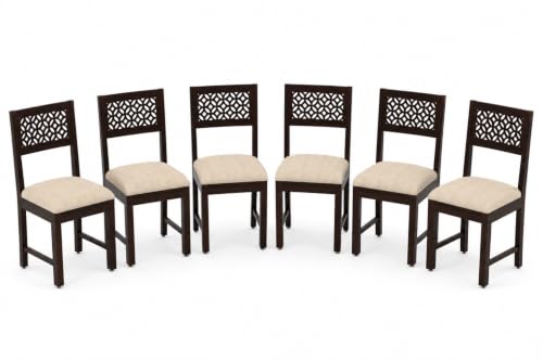 Image of Solid Sheesham Wood Dining CNC Chair for Living Room & Dining Room | Wooden Chair with Upholstered Cushion Seat | Handcrafted Carved Backrest | Walnut Finish (Set of 6)