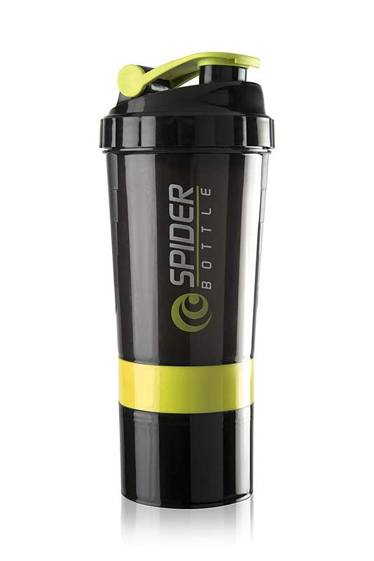 Image of Gym Spider Shaker Bottle with Extra Compartment, 100% Leakproof, Ideal for Protein, Preworkout, BCAAs, Cycling, Gym Water Bottle | Shaker Cup, Diet Shaker with Blenderball, 500ml (Yellow)