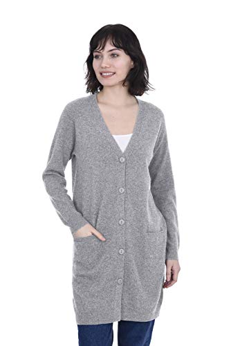 Image of Cashmeren Women's 100% Pure Inner Mongolian Cashmere Essential Long V-Neck Cardigan with Buttons and Pockets (Heather Grey, X-Large)
