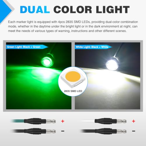 Image of Nilight 3 /4 Inch Dual Color Marker Light Green and White Clearance Lights | 10PCS Auxiliary Side Lamp w /3 Pin Plug IP68 Waterproof Fits Trailers Trucks Campers RVs ATVs UTVs