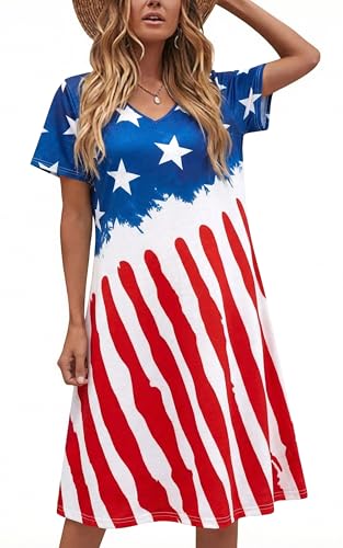 Image of LUKYCILD American Flag Dress Women 4th of July Patriotic Shirt USA Stars Stripes Dresses Sexy V- Neck Summer Sundress