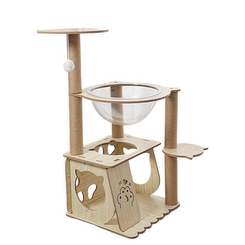 NUOMIE キャットタワー、木製、独立式、猫小屋、サイザル麻柱、大型猫、宇宙船、クリアボウル、大型、安定性高い、猫タワー、猫 ベッド、猫爪とぎ、猫 おもちゃ、省スペース、インテリア性高い、組み立て簡単、猫用品 (A)