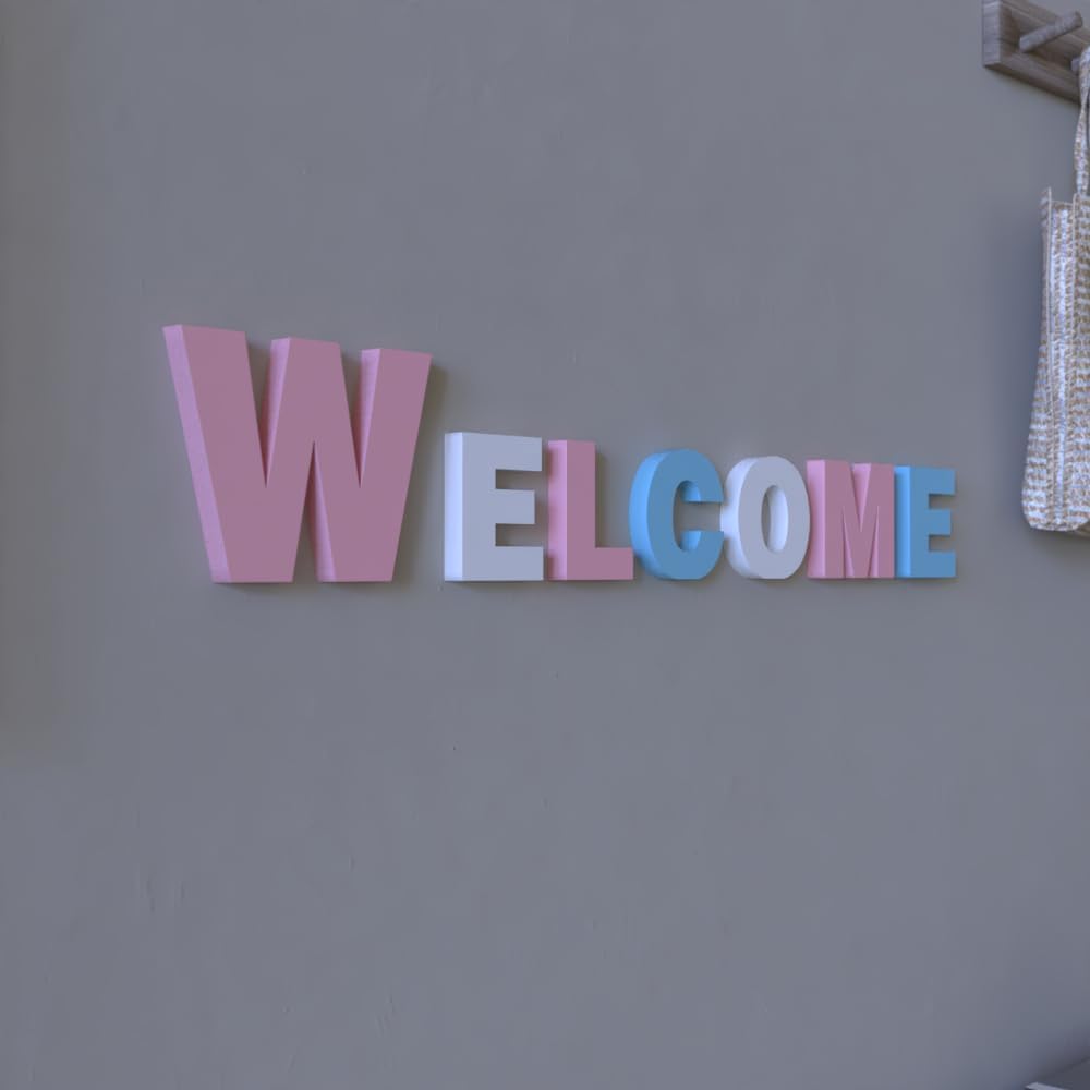 3D WELCOME Letters Sign PVC Wall & Tabletop Decor (W:6in, Others:4in) - Indoor Outdoor Home Wedding Cafe Christmas Decorations with 2 Color Variations(Pink + White +Blu)