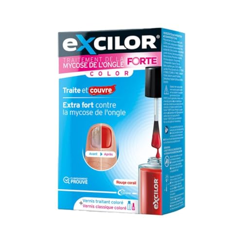 EXCILOR - Tratamiento De La Micosis De Las Uñas - FORTE Color Red - Fórmula Extra Fuerte - Tratamiento y Cobertura - Tratamiento para uñas 30 ml + Esmalte rojo 8 ml - Clínicamente probado