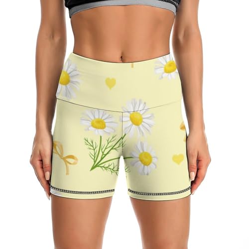 Cute Daisy Print High Waist Yoga Shorts for Women Athletic Shorts Leggings Running Pants Black