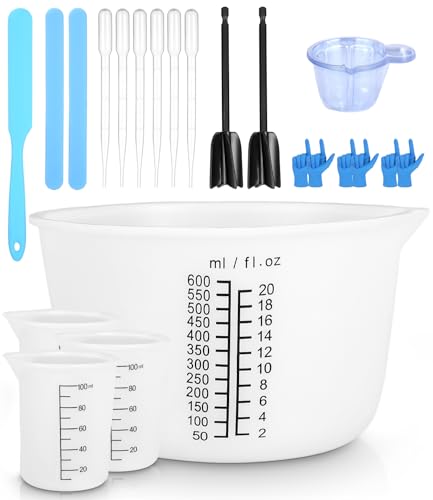 Yuxava Silikon Messbecher Set, Silikon Messbecher set für Harz, klare 2 Skalen 600&100ml Messbechers, Silikons Rührstäbchen, Epoxidharz zubehör für Gießformen, Diy, Basteln, Leicht zu Reinigen