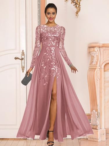 Sparkly Sequin Mother of The Bride Dresses for Wedding Long Chiffon Formal Evening Gown with Sleeves2