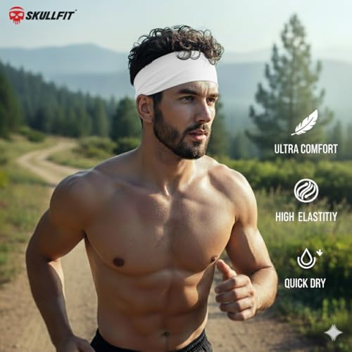 SKULLFIT Sports Headbands for Men (White) - Lightweight Moisture Wicking Workout Sweatbands for Running, Gym, Yoga, Cycling, Tennis, Cricket and Other Sports
