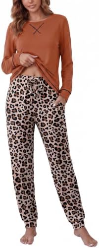 Ekouaer Schlafanzug Damen Lang Pyjama Set Hausanzug Zweiteilige Loungewear | langarm lounge set, herbst winter nachtwäsche, rundhals oberteil, bündchenhose, taschen, elastischer bu