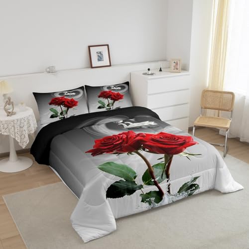 Image of Feelyou Red Rose Bedding Set Swans Couple Comforter Romantic Rose Floral Comforter Set for Men Women Lover Valentine's Day Down Alternative Comforter for All Season Ultra Soft Room Decor Full Size