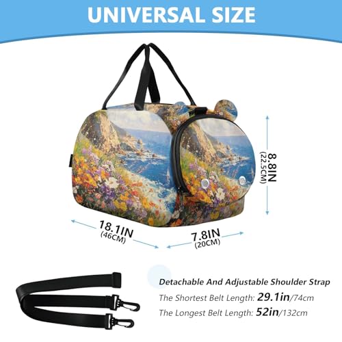YETTASBIN Sport Travel Duffel Bag for Girls Boys, Art Painting Flower Large Waterproof Weekender Overnight Bag, Detachable Shoulder Strap Gym Bag with Shoe Compartment & Wet Pocket3
