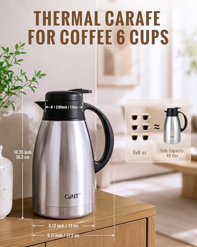Image of GiNT Thermal Coffee Carafe 51 Oz, Stainless Steel Insulated Beverage Server with Easy-Clean Detachable Lid, Leak-Proof One-Hand Pour Large Dispenser for Hot Drinks and Coffee Pot for Home Office
