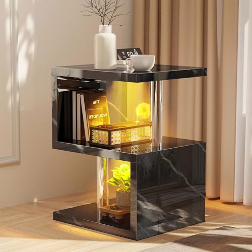 Blisswood High Gloss Small Side Table, S-Shaped Sofa Side Table with Storage Shelves & RGB LED Lights, Modern End Table for Living Room, Bedroom or Small Spaces, Black Marble