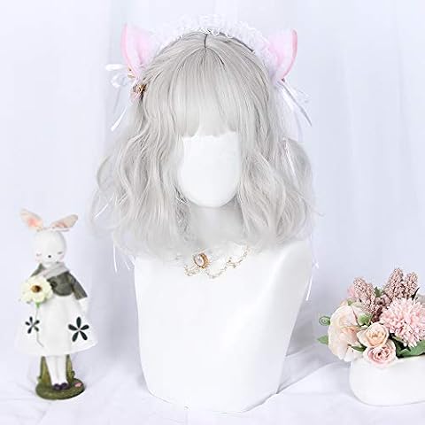 Short Light Grey Wig For Women Girls Short Wavy Curly Wig Grey Bob Wig Synthetic Hair Cosplay Wigs With Fringe Daily Halloween Party Gift Cover