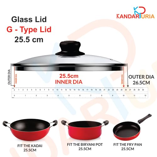 Image of Kandaruria Glass Lid, Toughened Glass with Steam Vent, Stainless Steel Rim, Compatible fit with Kadai, Biryani Pot, Fry Pan, all G Type cookware (25.5cm)