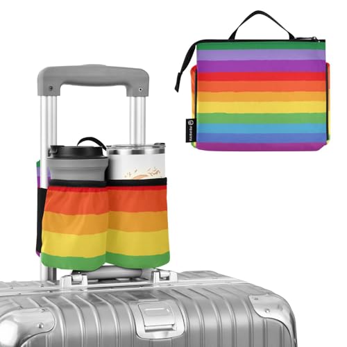 Image of Luggage Cup Holder for Suitcases Free Hands Suitcase Cup Holder Travel Luggage Drink Holder Portable Luggage Cup Caddy Bag Carrier with Handle Vibrant Colorful Stripes