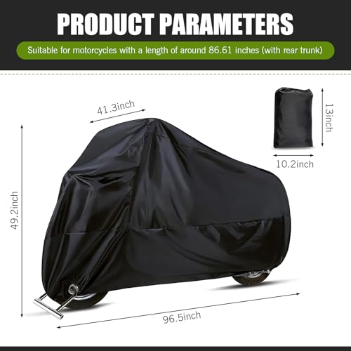 waswale Motorcycle Cover for All Seasons, Full Coverage Waterproof Sun Protection Cover with Storage Bag, Anti-Theft Design Outdoor Protection with Lock-Holes, for Motorcycles (Black) - Thumbnail 2