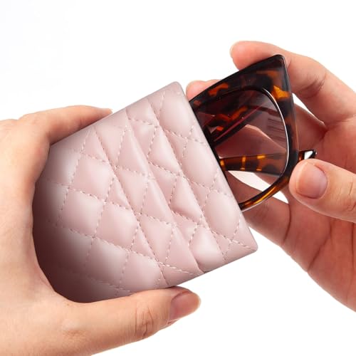 Image of Double Eyeglass Case Squeeze Top Glasses Pouch, Leather Soft Sunglasses Case with Carrying Strap