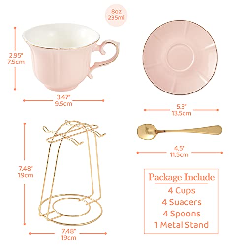 Dujust Tea Cups And Saucers Set Of 4 (8 Oz), Candy Pink Tea Cup Set With Golden Trim, Petal Edge Coffee Cups With Metal Stand, Simple Style Porcelain Tea Party Set - Pink #TOP4