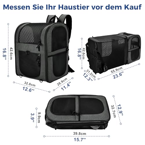 apollo walker Erweiterbar Katzenrucksack Hunderucksack Haustier Rucksäcke Haustier Tragetasche für Hunde und Katzen weich, faltbar Grau