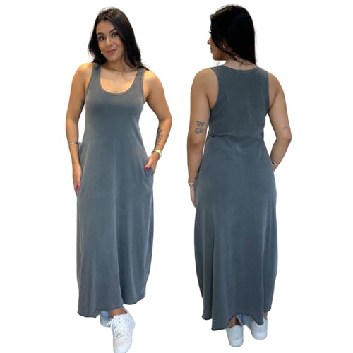 Vestido Regata Longo Estonado com Bolso 100% Algodão - Chumbo Est...