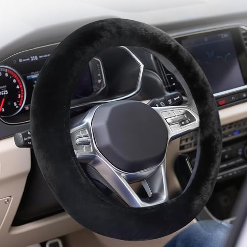 Coverado Winter Fluffy Steering Wheel Cover, Upgraded Anti-Slip Fuzzy Furry Car Steering Wheel Cover, Universal 14-15 inch, Soft Plush, Warm, No Odor, Luxurious Decoration for Women Men (Black)