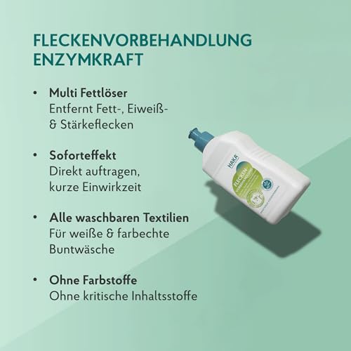 HAKA Fleckenvorbehandlung Enzymkraft, 250ml, Fleckenentferner für Butter, Öl, Soße, Eiweiß, Eigelb, für weiße & bunte Wäsche, vegan & hautfreundlich