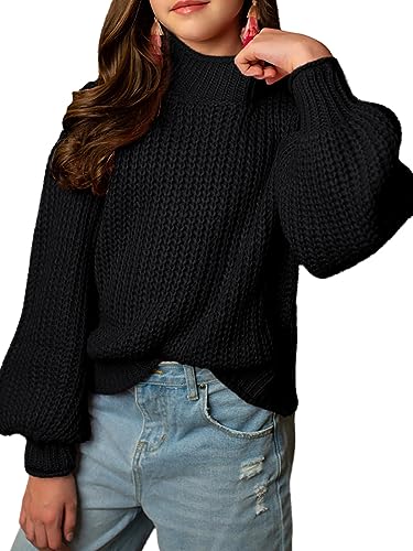 Image of rrhss Girls Mock Neck Loose Knit Sweaters Kids Long Sleeve Slouchy Warm Cute Fashion Pullover Tops 5-14 Years Black