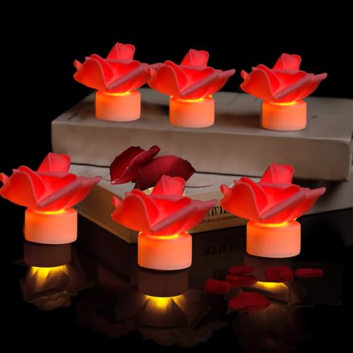 Lot de 6 Bougies LED Rose Fleurs Sans Flamme, Bougie Led Flamme Vacillante, Alimenté par batterie, Bougie Decorative, Bougie Electrique, pour la Décoration de Fête de Mariage (Rose)