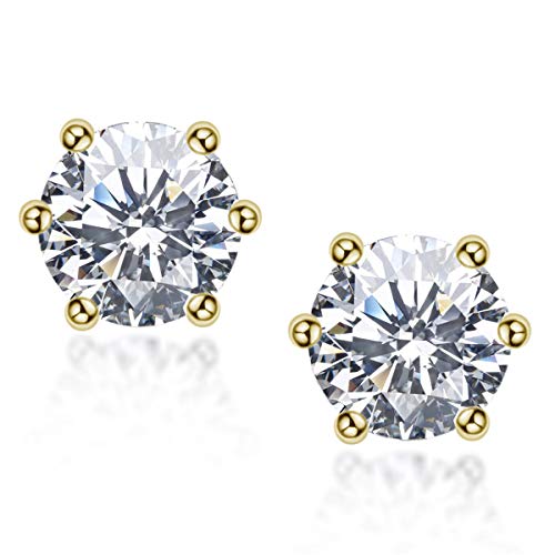 AINUOSHI 18K Yellow Gold Plated 6 Prong Round Cut Cubic Zirconia Stud Earrings 6.5mm for Women Teen Girls Jewelry Sterling Sliver