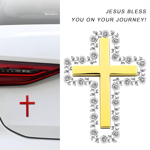 Image of 2PCS Metal Christian Cross Emblem Stickers, 2.5x1.8in 3D Jesus Christ Auto Emblem Badge Decal, Self-Adhesive Styling Cross Decal Decoration for Trunk Tailgate Side Fender (Red+Golden)