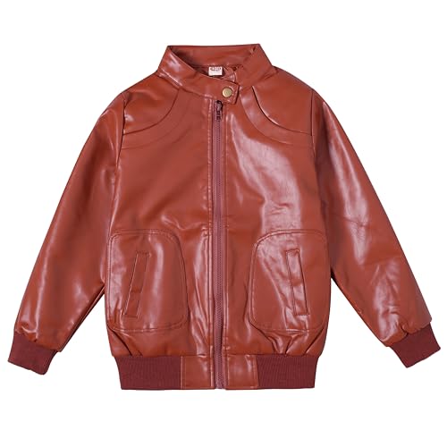 Boys Trendy Stand Collar PU Leather Moto Jacket - Winter Warm Lined Coat with Zipper Closure for Kids (Age 3-12)