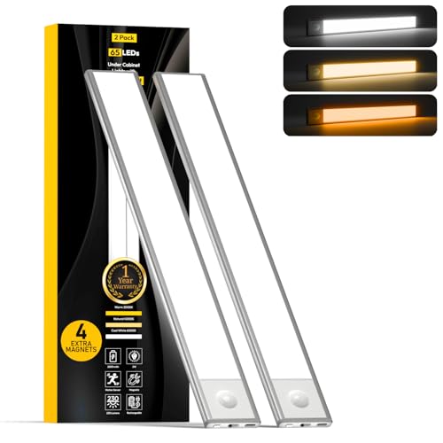 2 Pack Under Cabinet Lights 2200mAh, 65 LED Dimmable Closet Lights with 3 Adjustable Color Temperature, Rechargeable Battery Operated Motion Sensor, Under Cabinet Lighting for Kitchen,Closet (12 Inch)