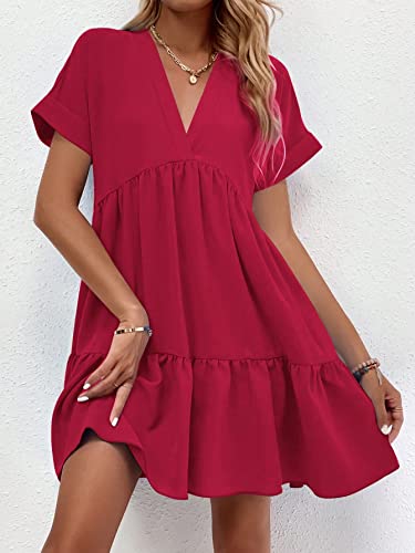 Image of WDIRARA Women's Roll Up Short Sleeve V Neck Ruffle Hem Solid Swing Smock Dress