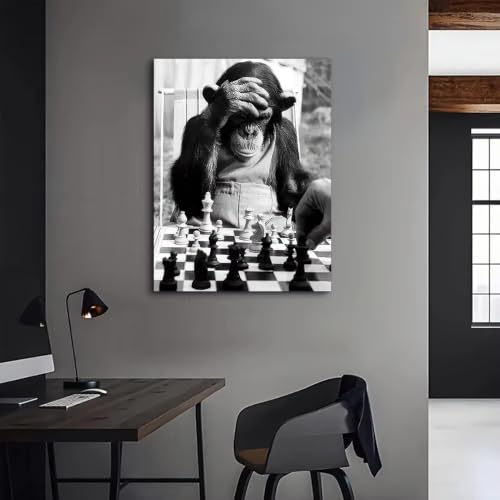 Tableau vintage singe échecs impression sur toile salon classique