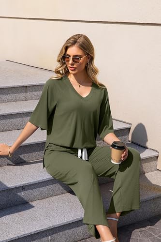 Image of difficort Womens 2 Piece Outfits Raglan Short Sleeve Lounge Sets Wide Leg Sets Loungewear with Pockets