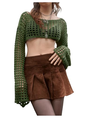 SHENHE Women's Crochet Shrug Hollow Knit Bolero Shrugs Sweater Crop Top Y2K Bell Sleeve Swimsuit Cover Up