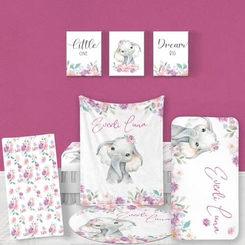 Duckbe Personalized Baby Crib Bedding Set: Custom Baby Girl Crib Bedding Set Nursery Blanket Crib Sheet Changing Pad Cover Watercolor Elephant Bedding