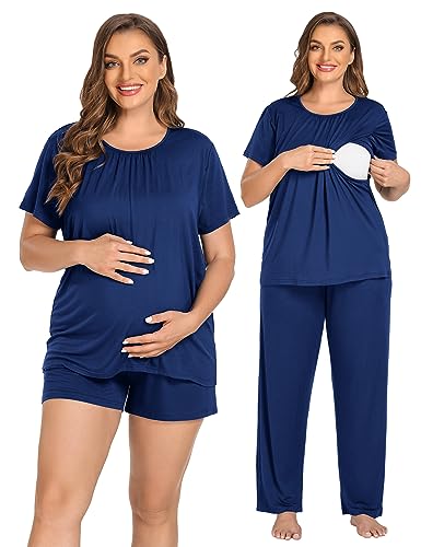 Image of SWOMOG Women 3Pcs Maternity Pajama Set Nursing Pjs Pregnancy Set Breastfeeding Pjs Double Layer with Pockets