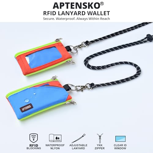 Image of RFID Blocking Travel Wallet with Adjustable Lanyard, Small Nylon Zipper Pouch and Badge Holder for ID, Credit Cards, Cash, Keys, Commuters (SkyBlue+BlazingOrange)