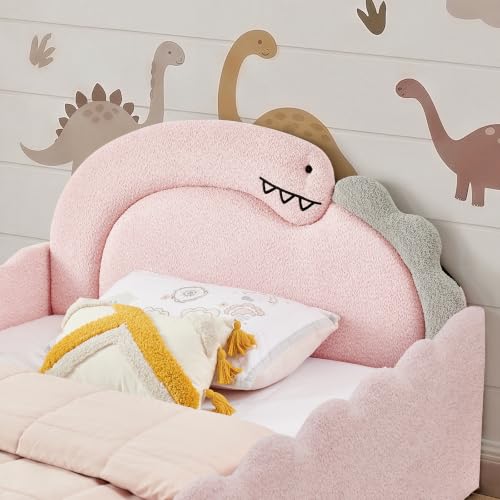 Image of Full Size Kids Bed with Dinosaur Headboard, Upholstered Boucle Fabric Twin Daybed with Slats Support & Side Pocket, Space-Saving Wooden Corner Sofa Couch Day Bed Frame for Girl, Boy, Teenager(Pink)