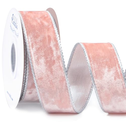Image of Ribbli Light Pink Velvet Wired Ribbon 1.5 Inch Metallic Light Dusty Pink Crushed Velvet Christmas Ribbon for Gift Wrapping Christmas Tree Decoration Crafts Wreaths Supplies-Continuous 10 Yards