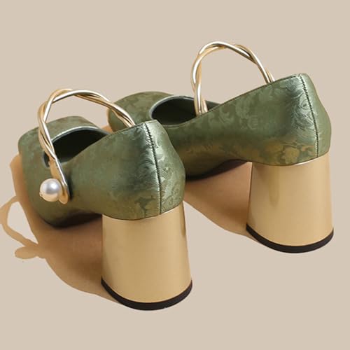 FOWT Women Square Cap Toe Mary Janes Elegant Strap Pearl Pumps Chunky Block Mid Heels Formal Evening Party Shoes Size 4-16 US4