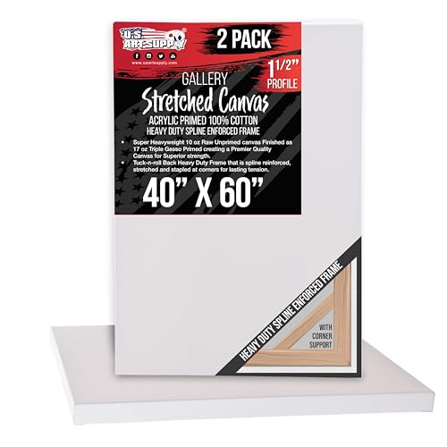 U.S. Art Supply Rectangle Stretched Canvas for Painting 40x60 inch Gallery Depth 1-1/2 Thick 2-Pack - 17oz Acrylic Gesso Triple Primed Professional Artist Quality 100% Cotton - Oil Pouring Paint